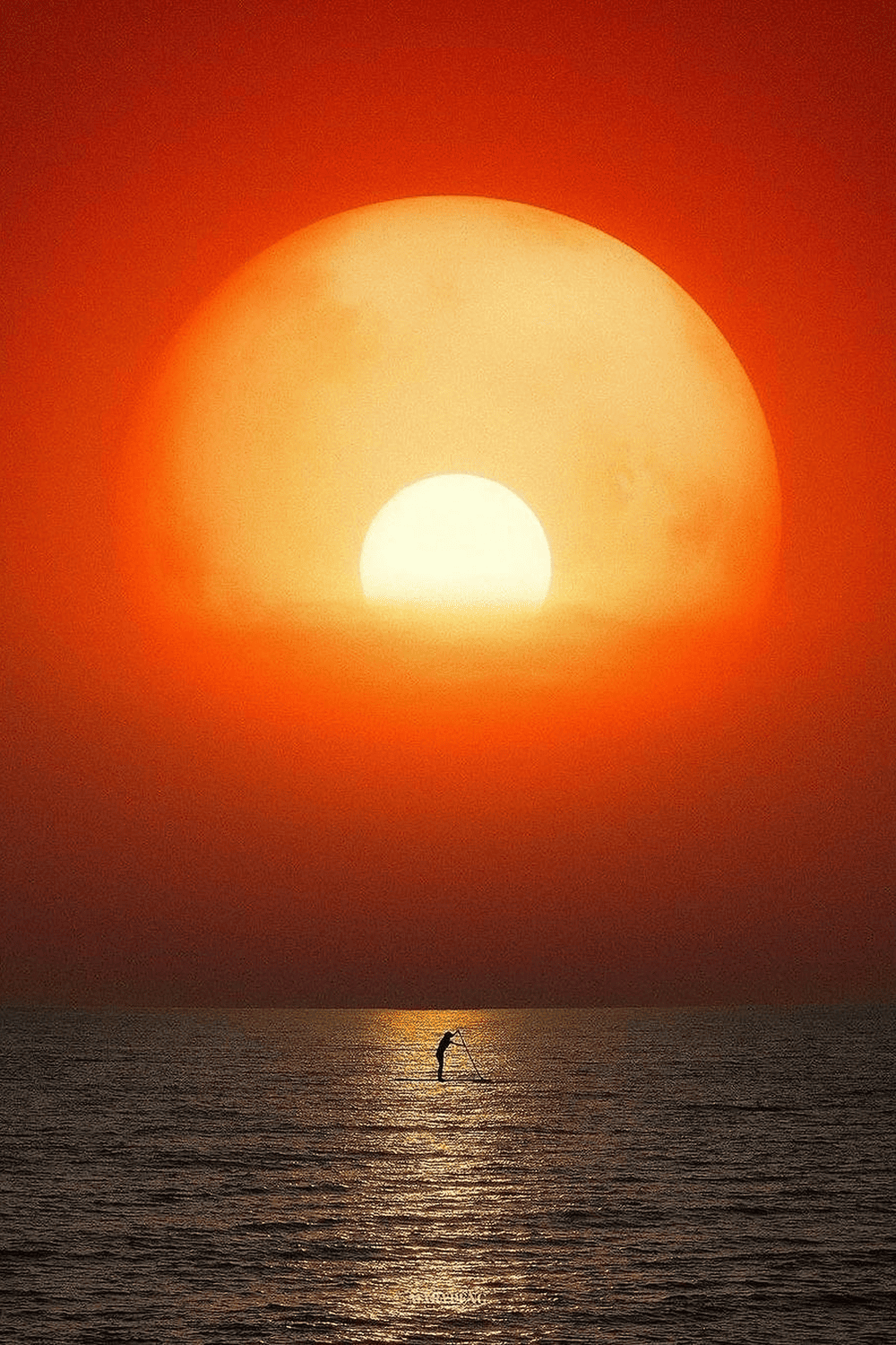 Coucher de soleil spectaculaire au-dessus de la mer, avec une silhouette faisant du paddle sur l’eau, évoquant calme, nature et sérénité.