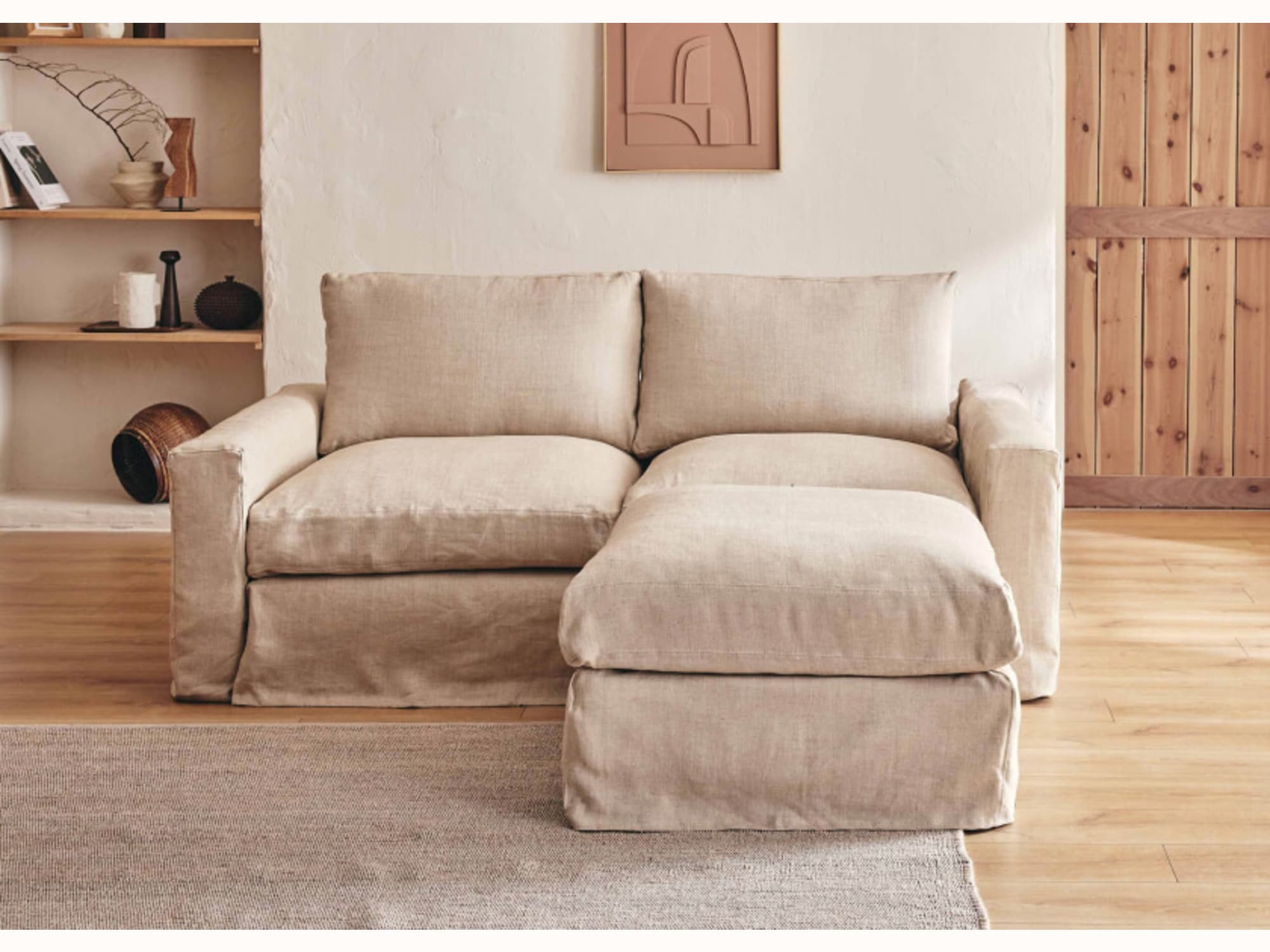 Canapé 2-3 places d'angle avec pouf en lin LENO