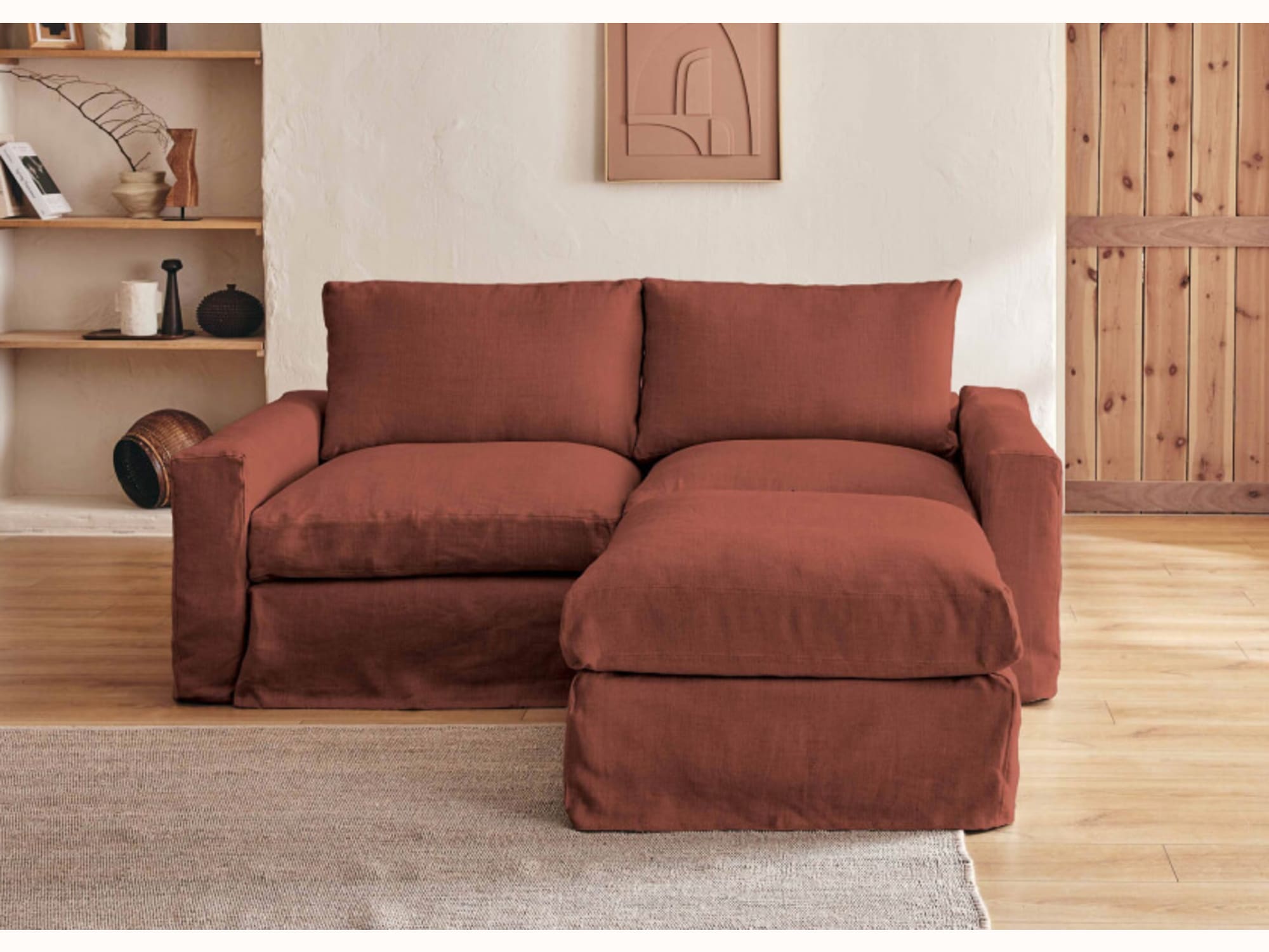 Canapé 2-3 places d'angle avec pouf en lin LENO