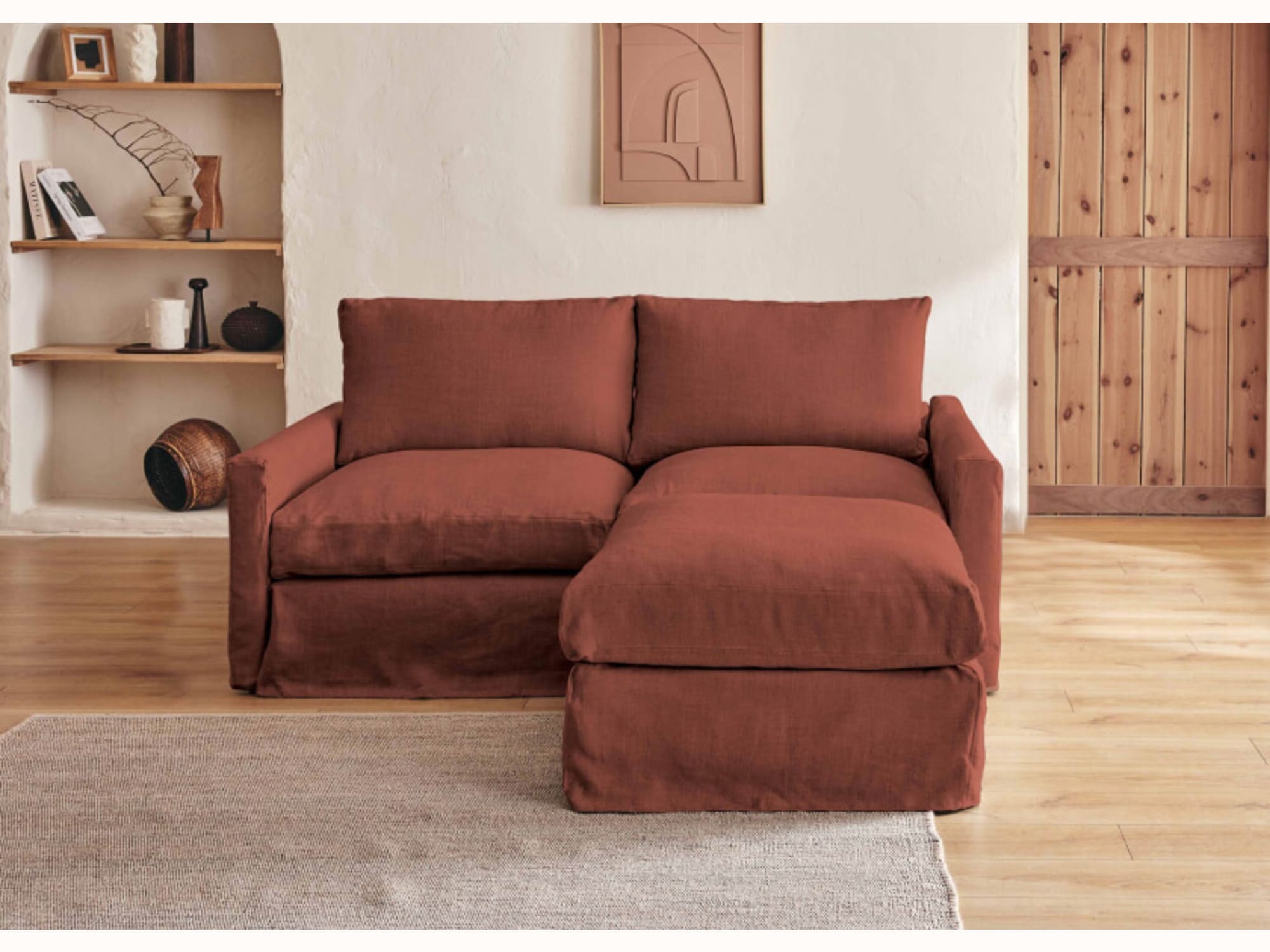 Canapé 2-3 places d'angle avec pouf en lin LENO