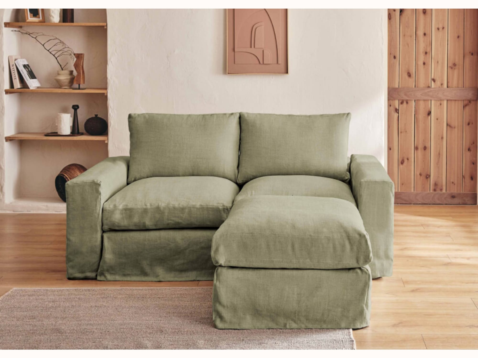 Canapé 2-3 places d'angle avec pouf en lin LENO