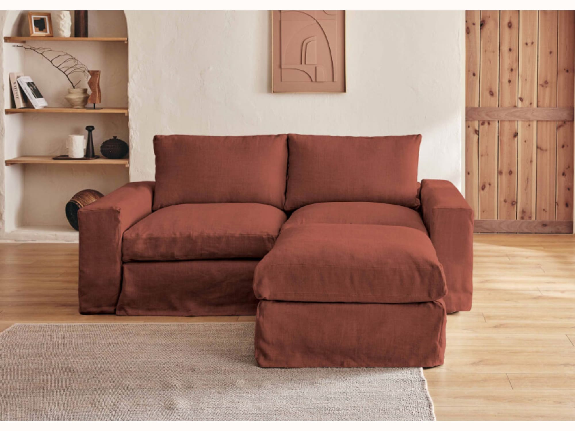 Canapé 2-3 places d'angle avec pouf en lin LENO