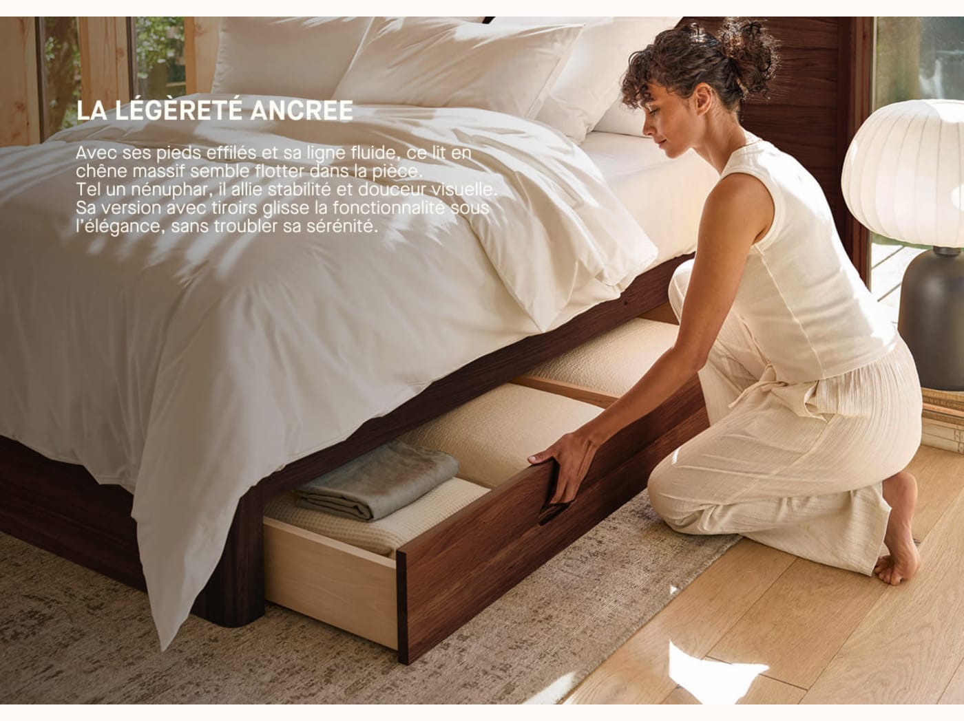 Lit à tiroir en chêne massif NÉNUPHAR