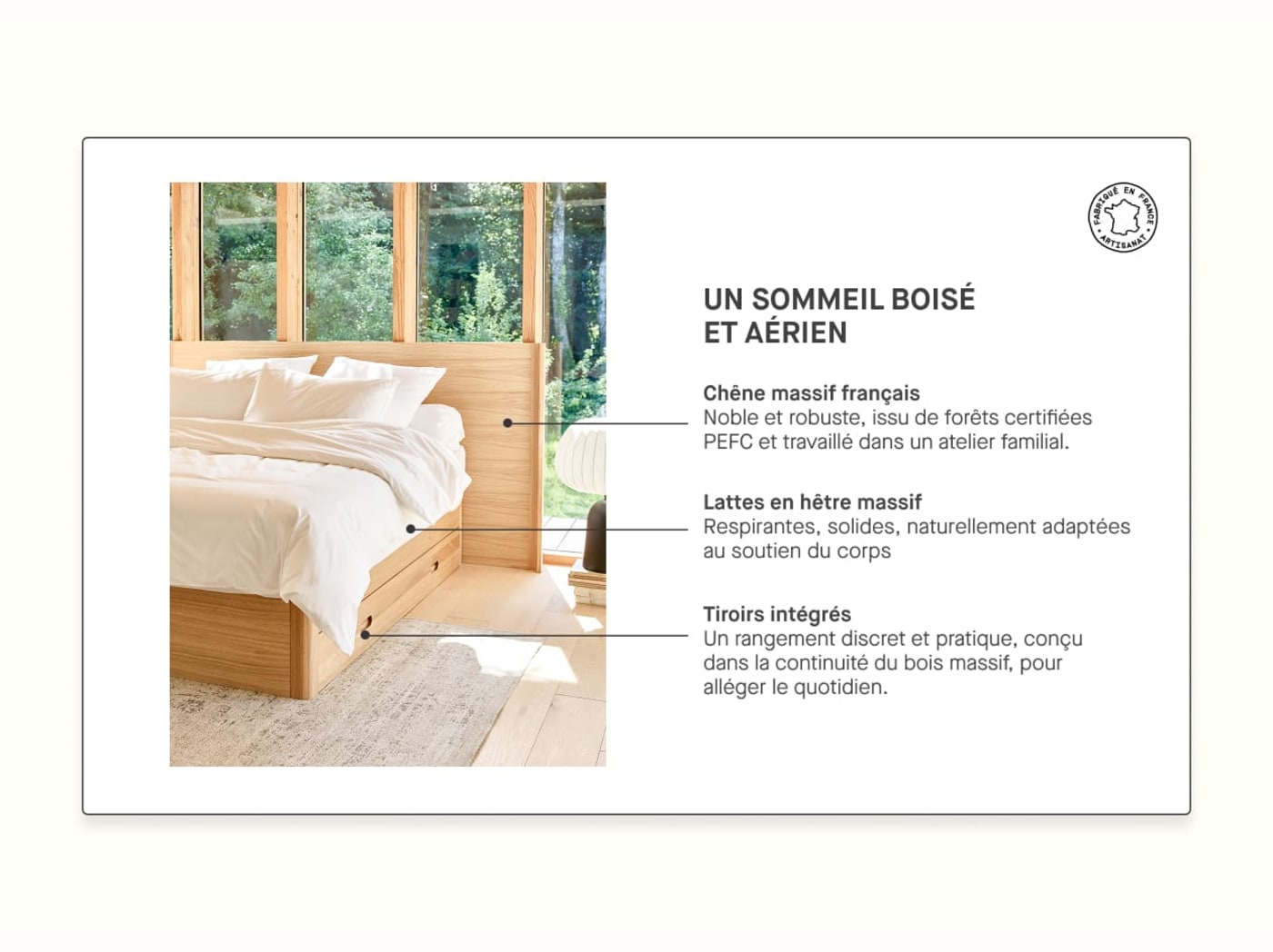 Lit à tiroir en chêne massif NÉNUPHAR